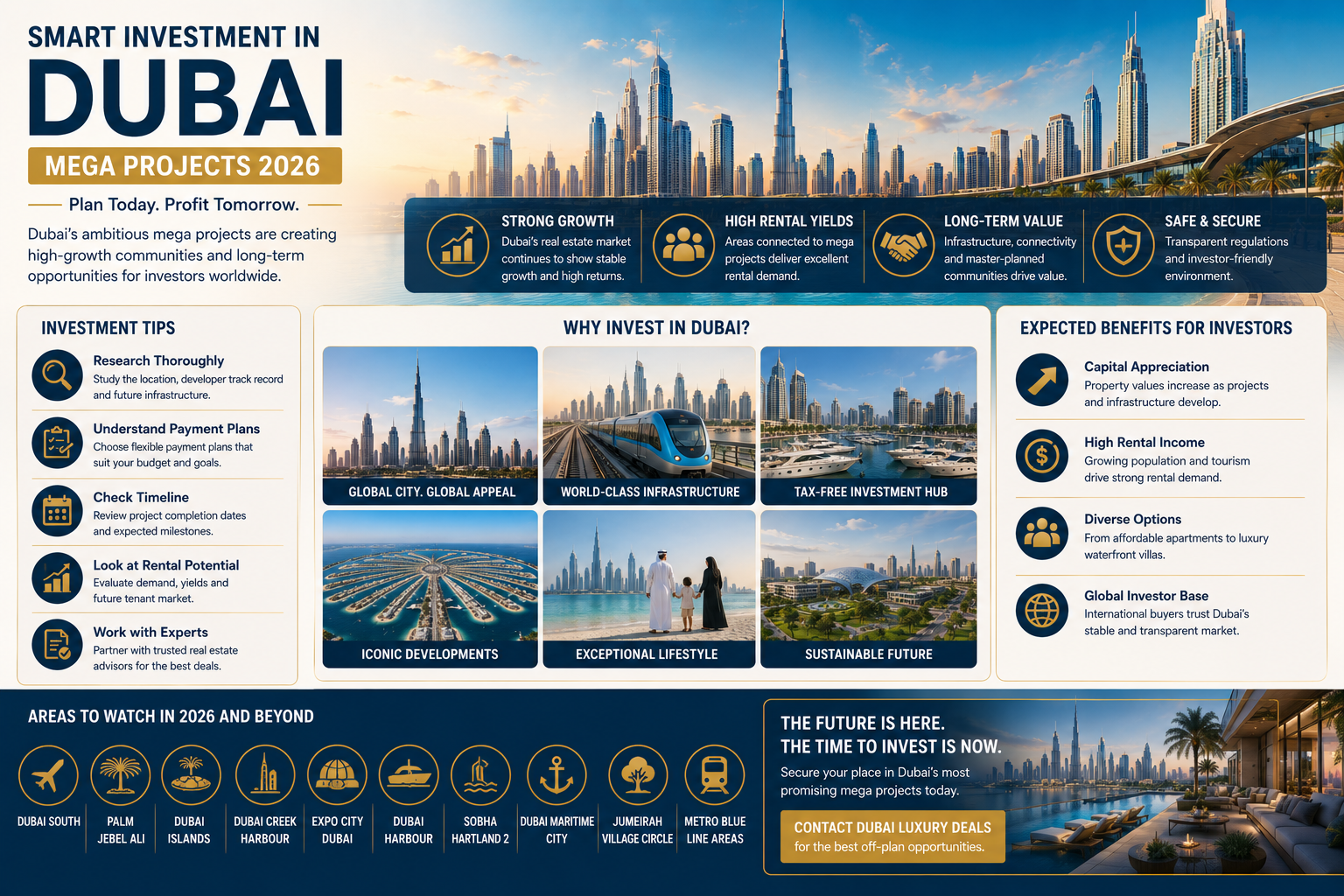 Dubai skyline showcasing future mega developments, waterfront communities, and luxury off-plan investment opportunities in Dubai 2026